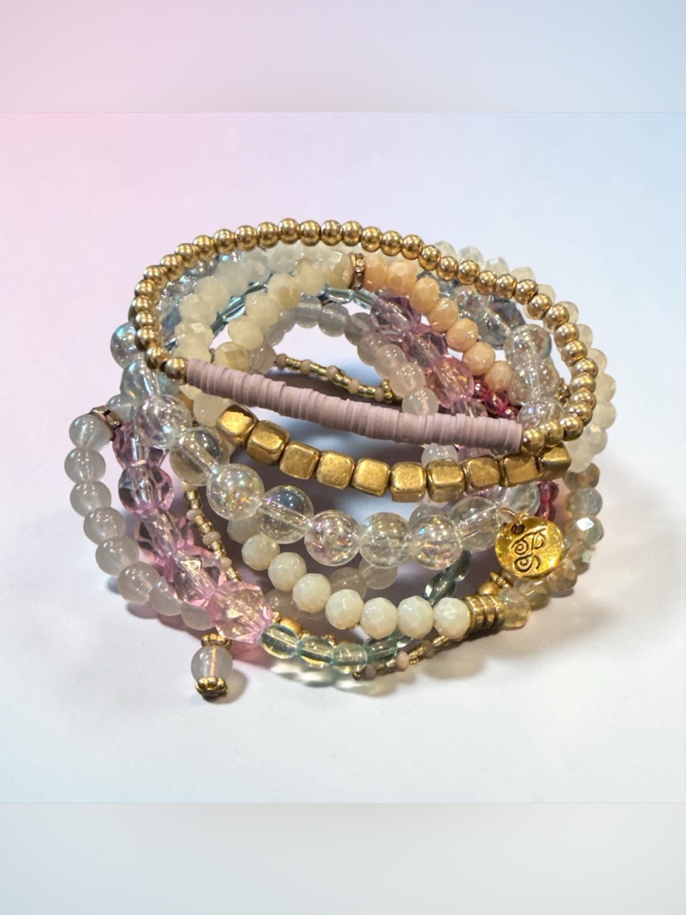 Plunder Gold, Pink & Cream Layered Beaded Bracelet Set